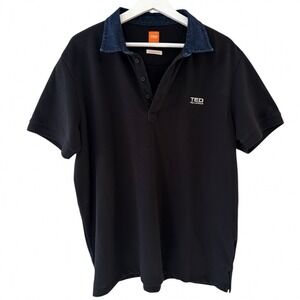 Ted Lapidus Mens Custom Fit Black Polo Shirt Denim Collar XL Short Sleeve Logo